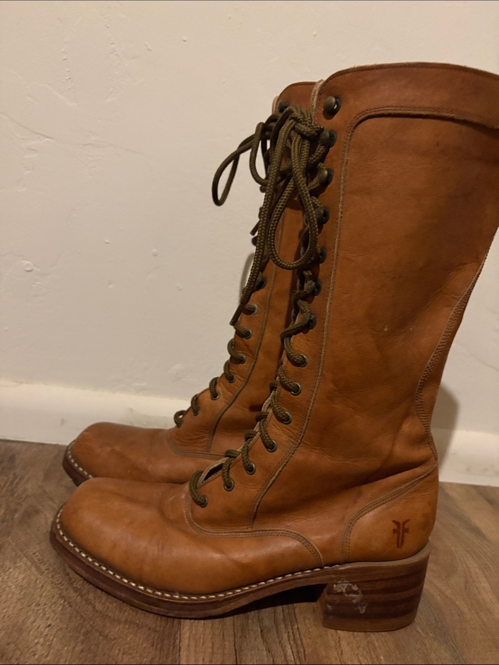 Frye Tall Lace-Up Leather Boots in Cognac Brown - Picture 9 of 17